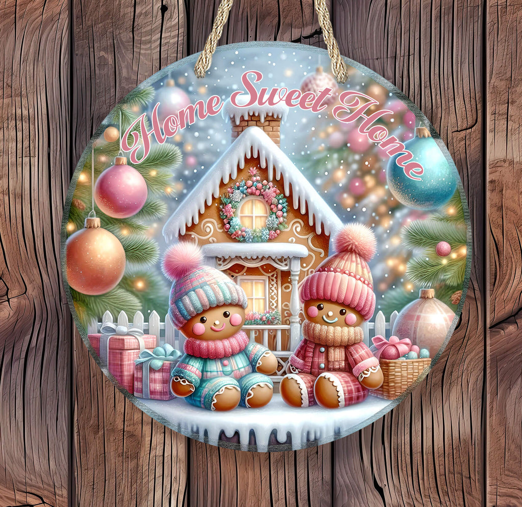 Decorative plaque with gingerbread people, Christmas decorations, and 'Home Sweet Home' text on a wooden background.