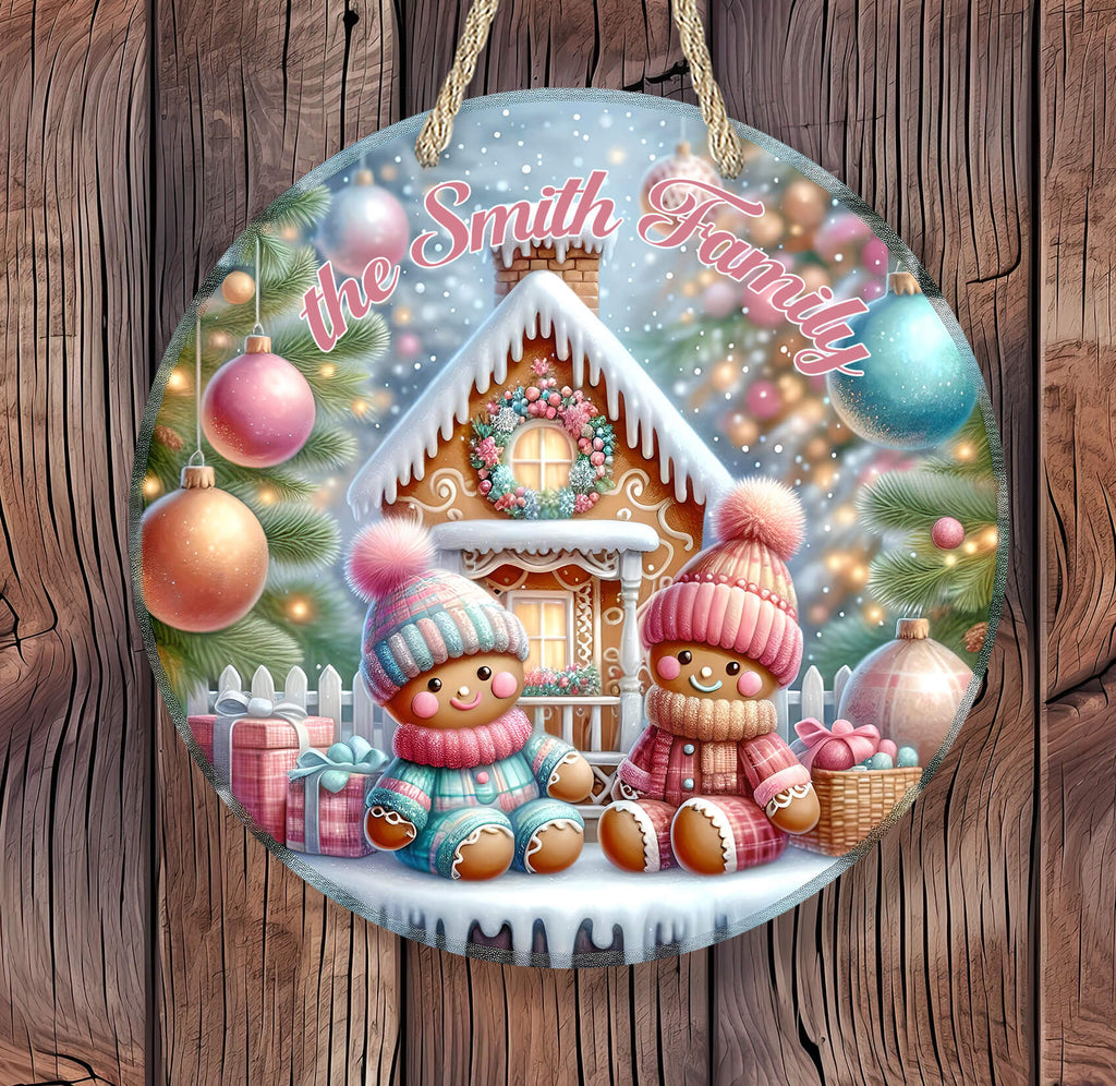 Decorative plaque with gingerbread family design and 'the Smith Family' text on a wooden background.