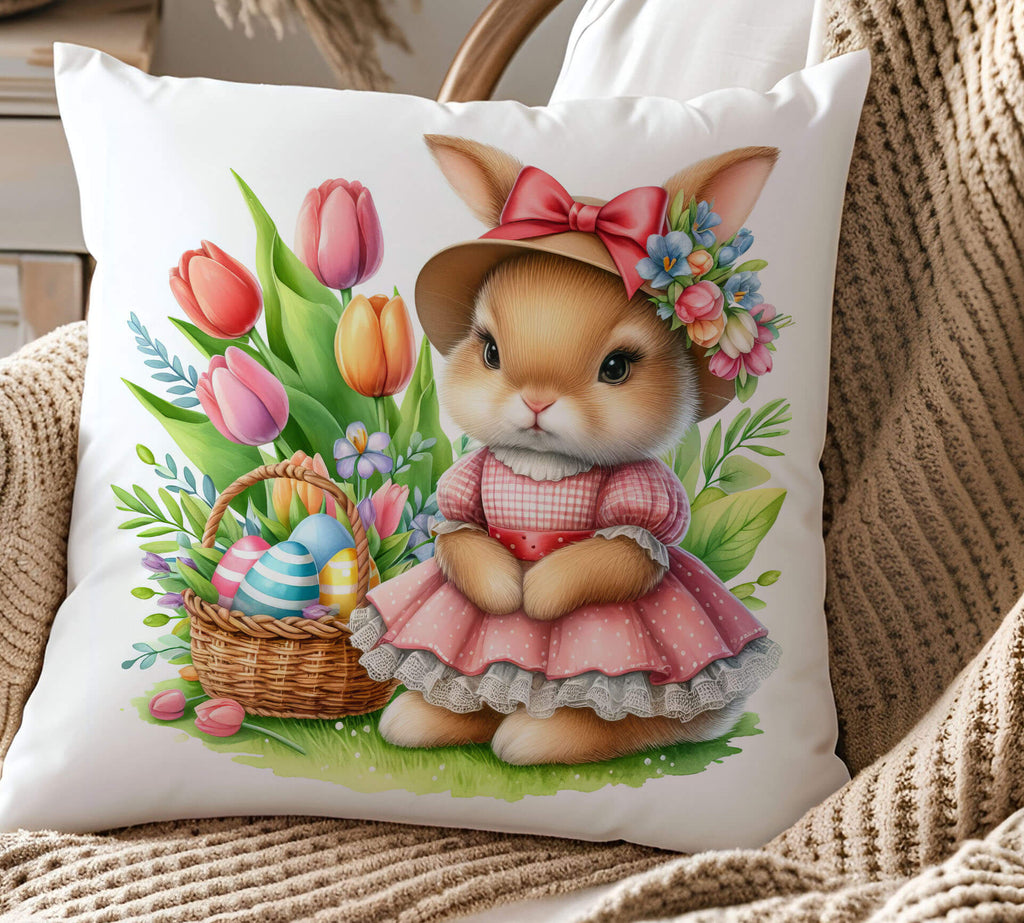 Easter Bunny Pillow featuring a vintage-style bunny in a pink dress and floral hat, sitting beside a pastel Easter basket filled with striped eggs and surrounded by colorful tulips. The design is printed on 18x18 inch beige linen or white canvas, making it a perfect springtime home accent for Easter decor, farmhouse living rooms, and seasonal celebrations - Personalized Kreation