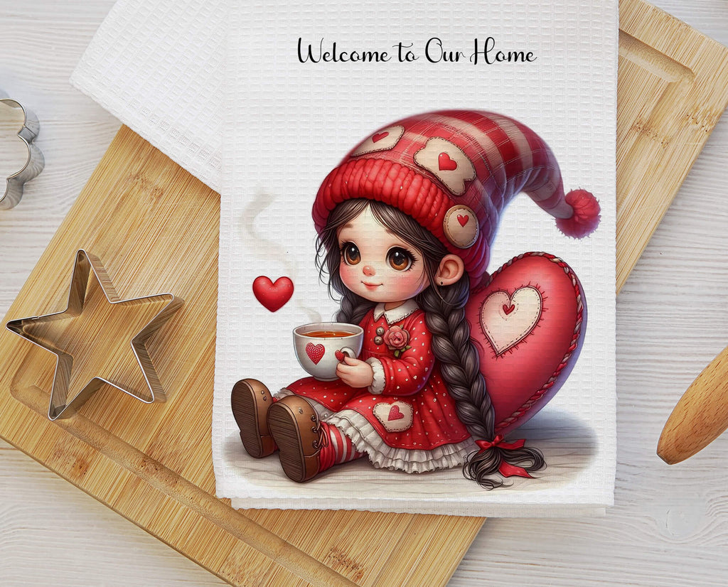 Valentine’s Day kitchen towel set featuring cute gnome girls, hearts, and love-themed accents. Farmhouse dish towels, perfect for Valentine’s kitchen decor, gift for her, or couples. Soft, absorbent, machine washable, and stylish home accessory - Personalized Kreaton