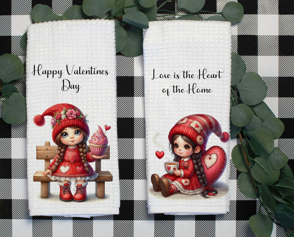 Valentine’s Day kitchen towel set featuring cute gnome girls, hearts, and love-themed accents. Farmhouse dish towels, perfect for Valentine’s kitchen decor, gift for her, or couples. Soft, absorbent, machine washable, and stylish home accessory - Personalized Kreaton