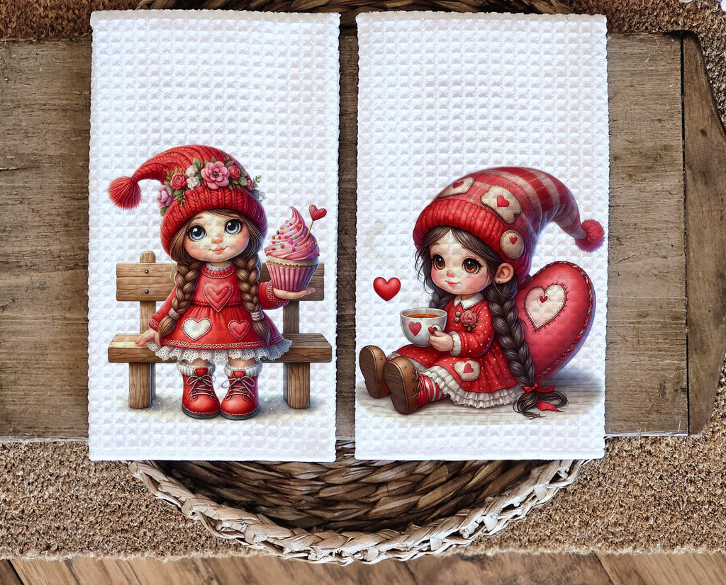 Valentine’s Day kitchen towel set featuring cute gnome girls, hearts, and love-themed accents. Farmhouse dish towels, perfect for Valentine’s kitchen decor, gift for her, or couples. Soft, absorbent, machine washable, and stylish home accessory - Personalized Kreation