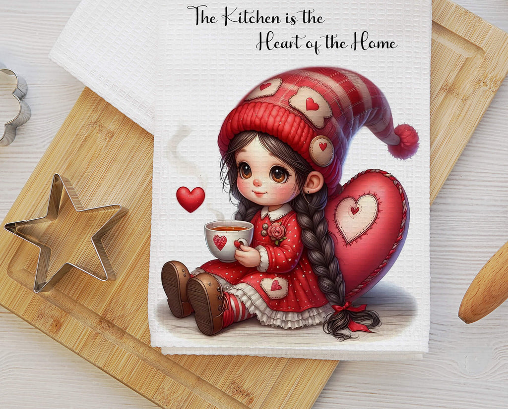 Valentine’s Day kitchen towel set featuring cute gnome girls, hearts, and love-themed accents. Farmhouse dish towels, perfect for Valentine’s kitchen decor, gift for her, or couples. Soft, absorbent, machine washable, and stylish home accessory - Personalized Kreation