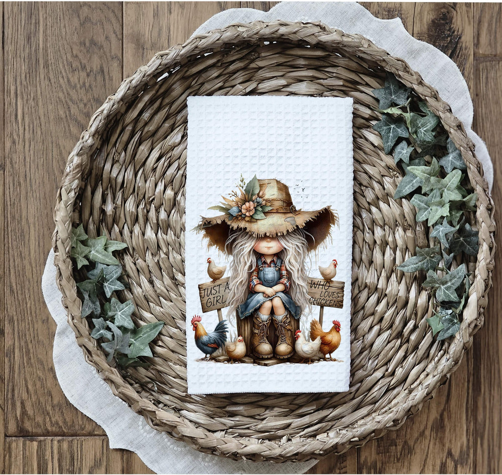 Rustic Farmhouse Kitchen Towel - Cute Country Girl and Chickens - Chicken Dish Towel - Chicken Lover Gift