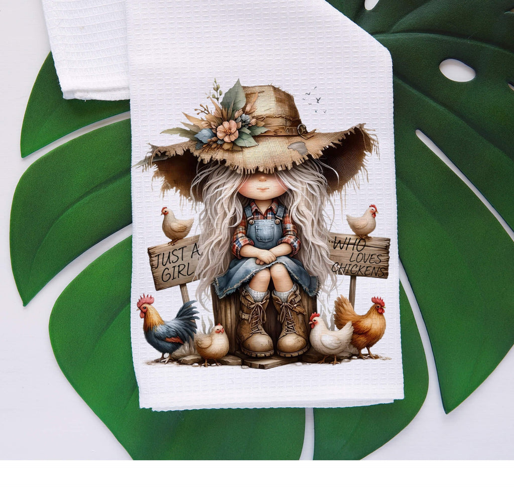 Rustic Farmhouse Kitchen Towel - Cute Country Girl and Chickens - Chicken Dish Towel - Chicken Lover Gift