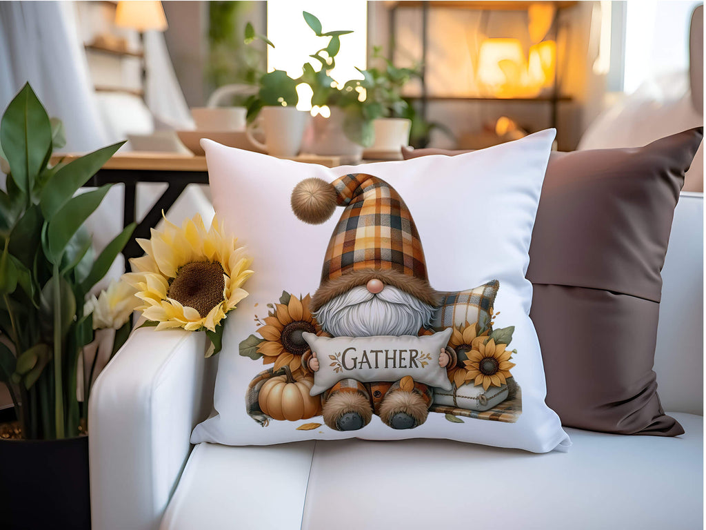 Decorative pillow with a gnome and sunflower design on a couch.