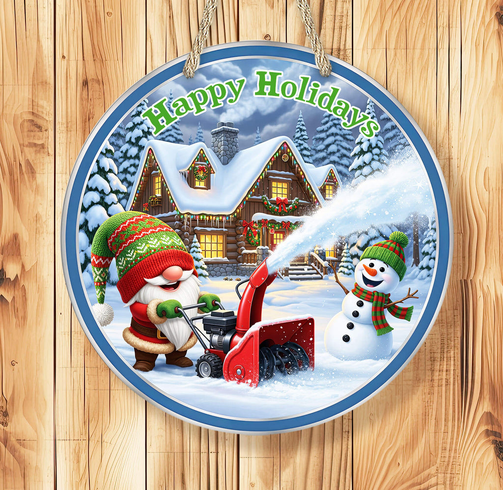 Decorative Christmas sign with Santa and snowman using a snow blower, featuring 'Happy Holidays' text.