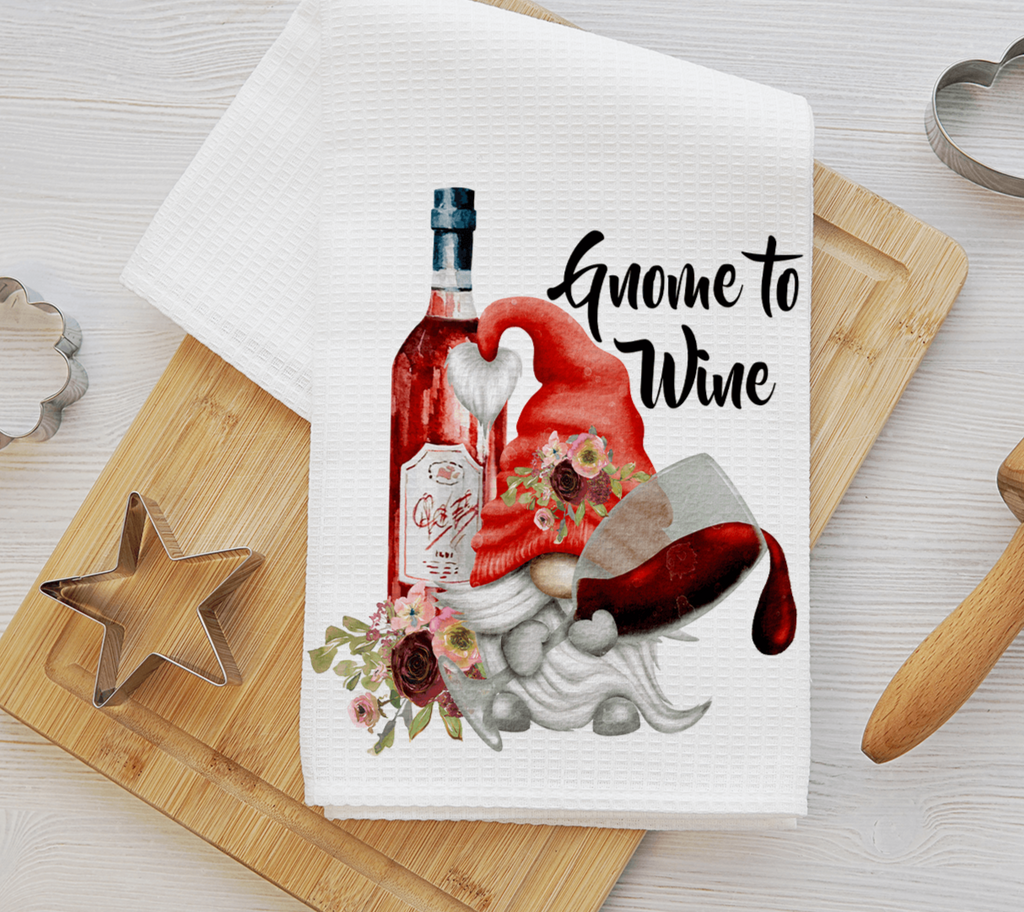 Strawberry Wine Gnome Kitchen Towel Set featuring adorable gnome illustrations with a vintage wine theme. Perfect for farmhouse, rustic, and wine lover kitchen decor. High-quality, absorbent tea towels for everyday use or gifting - Personalized Kreation