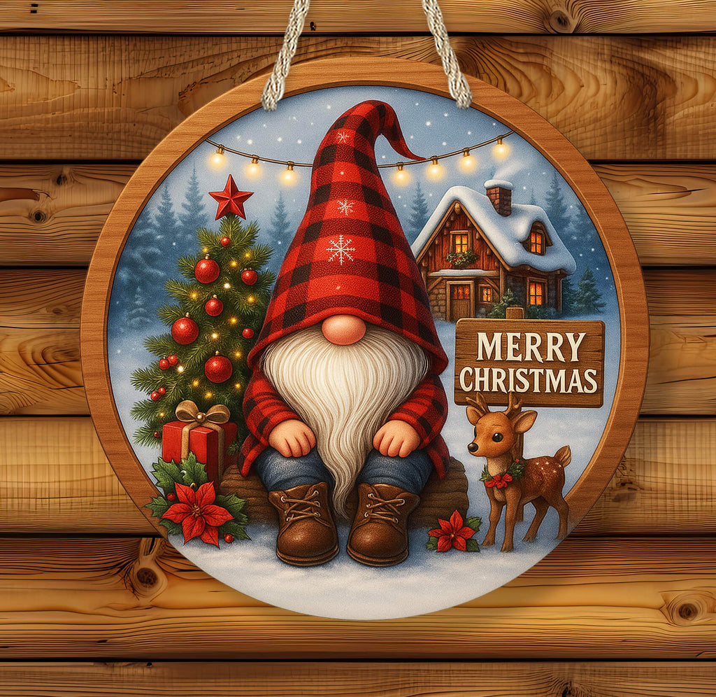 Decorative Christmas sign with a gnome, deer, and Christmas tree on a wooden background.