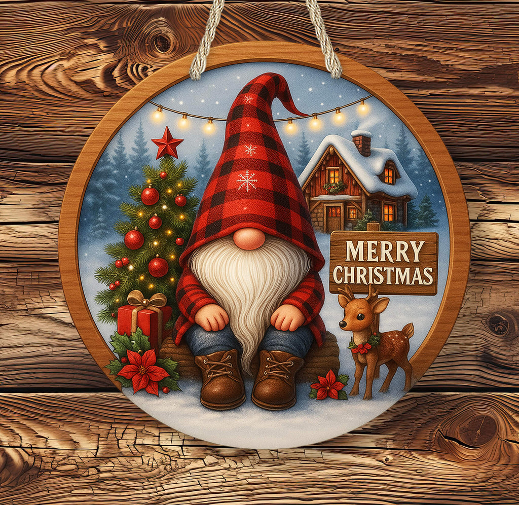 Decorative Christmas sign with a gnome, deer, and Christmas tree on a wooden background.
