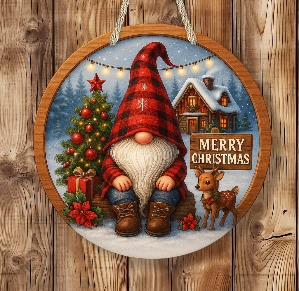 Decorative Christmas sign with a gnome, reindeer, and Christmas tree on a wooden background.