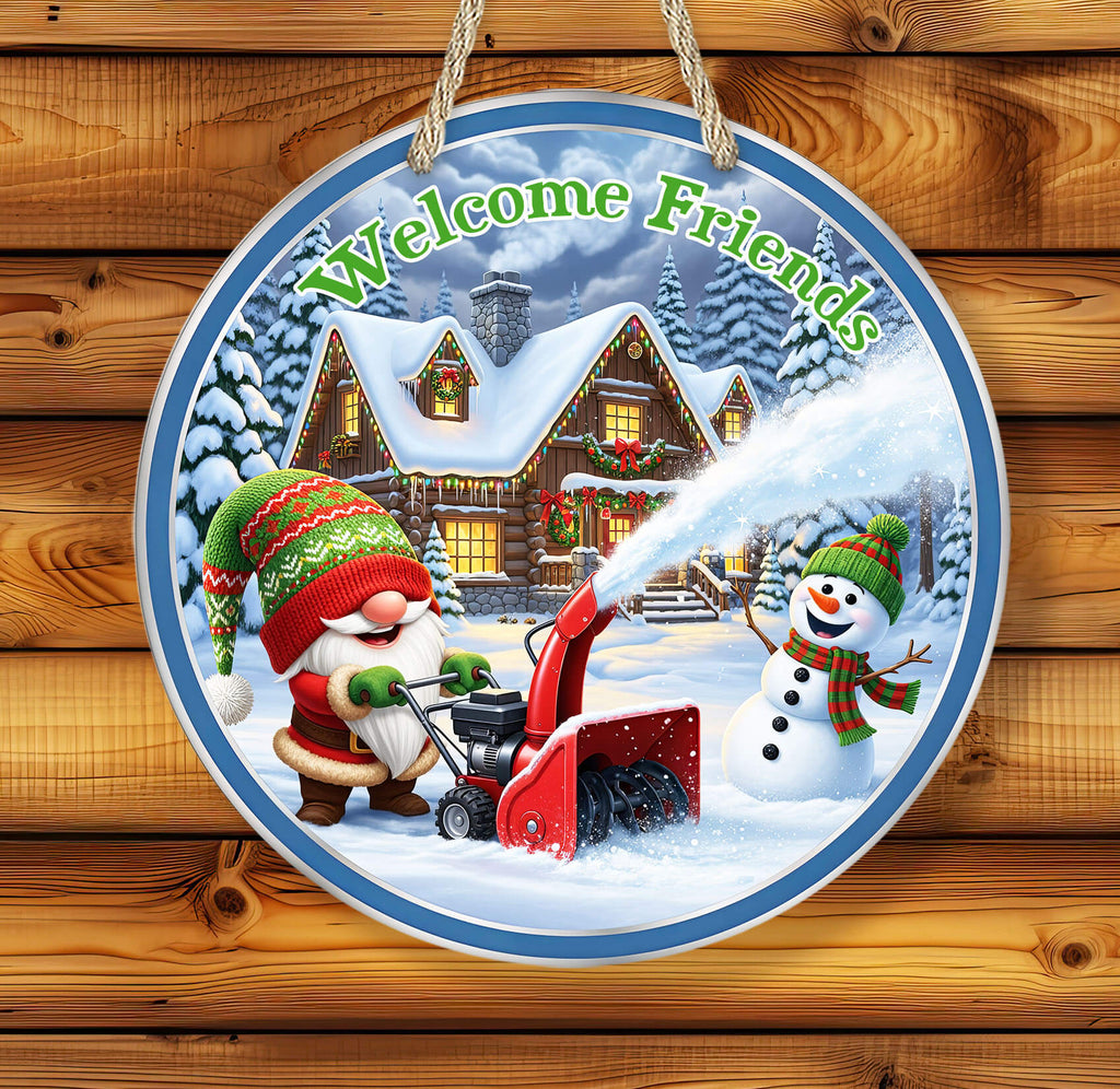 Decorative plate with a winter scene featuring a gnome and snowman, text 'Welcome Friends', and a house in the background.