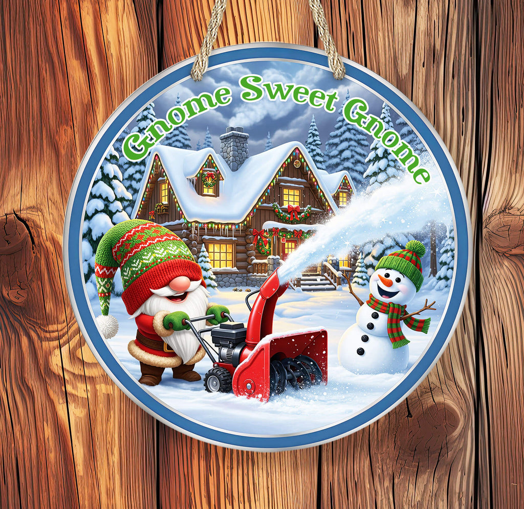 Decorative Christmas ornament with a gnome and snowman in a snowy village scene.