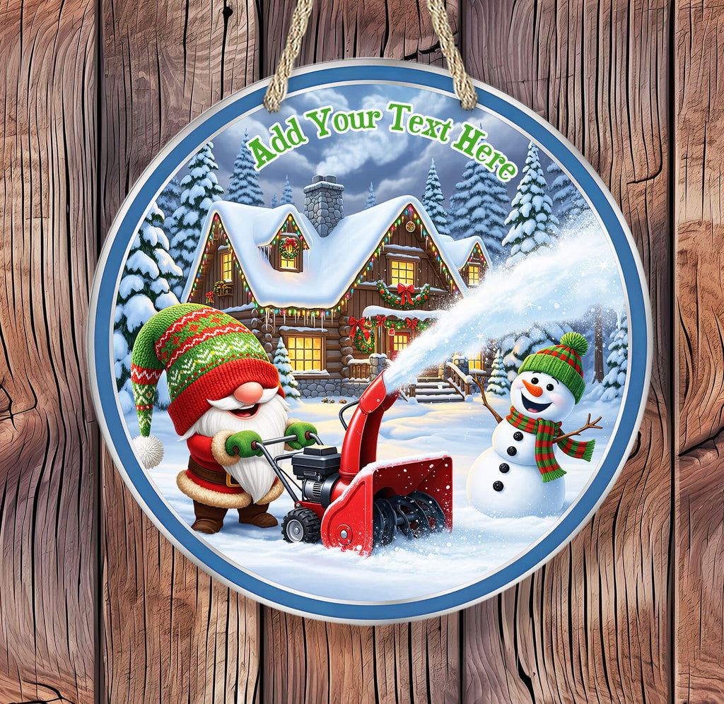 Decorative Christmas ornament with Santa and snowman in front of a snowy cabin, text 'Add Your Text Here'.