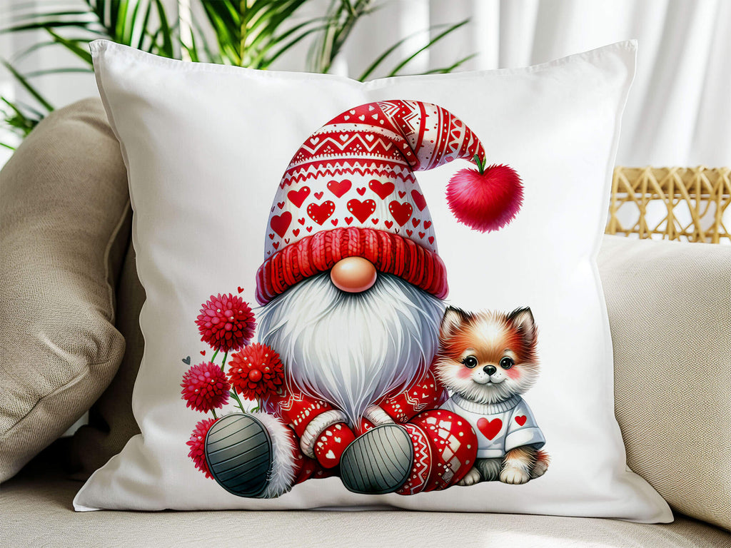 Valentine's Day throw pillow featuring a whimsical gnome and an adorable dog with heart and floral accents, perfect for rustic farmhouse decor or as a romantic gift