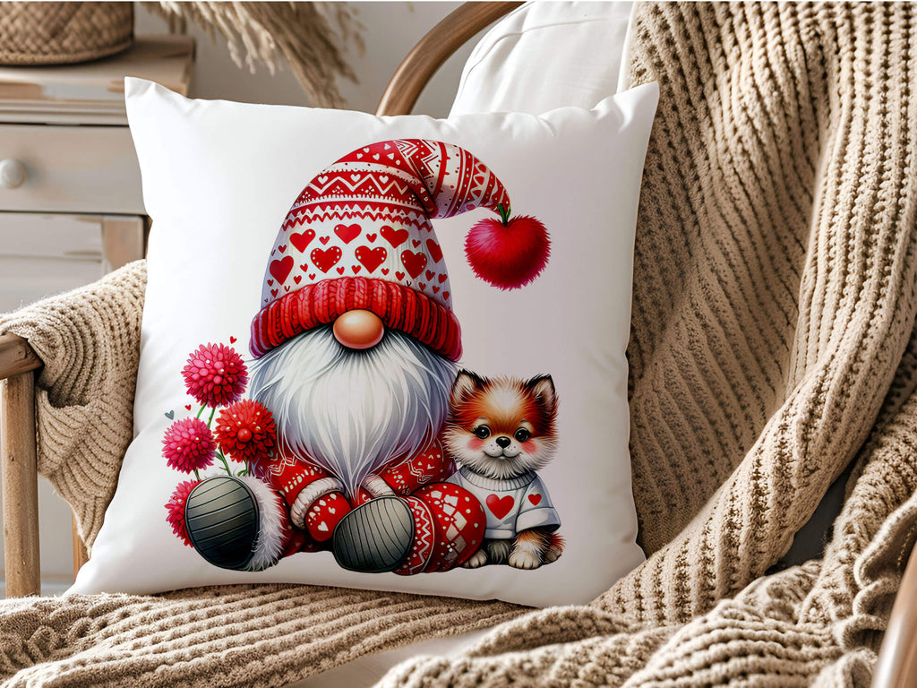 Valentine's Day throw pillow featuring a whimsical gnome and an adorable dog with heart and floral accents, perfect for rustic farmhouse decor or as a romantic gift