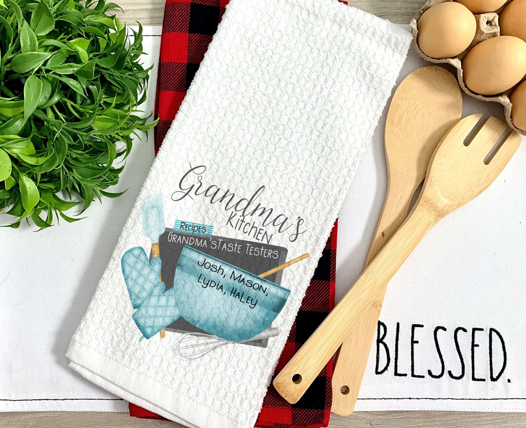 Personalized Grandma’s Kitchen Towel with a charming "Grandma’s Taste Testers" design, featuring a rustic baking theme and custom grandkids' names, perfect for farmhouse kitchen decor