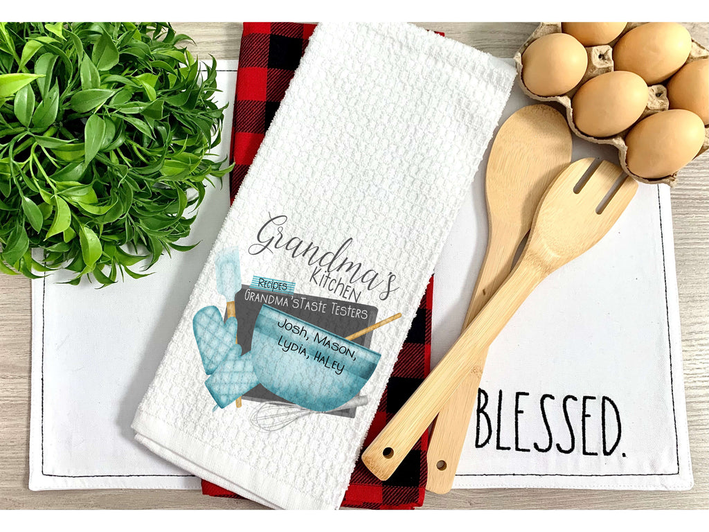 Personalized Grandma’s Kitchen Towel with a charming "Grandma’s Taste Testers" design, featuring a rustic baking theme and custom grandkids' names, perfect for farmhouse kitchen decor