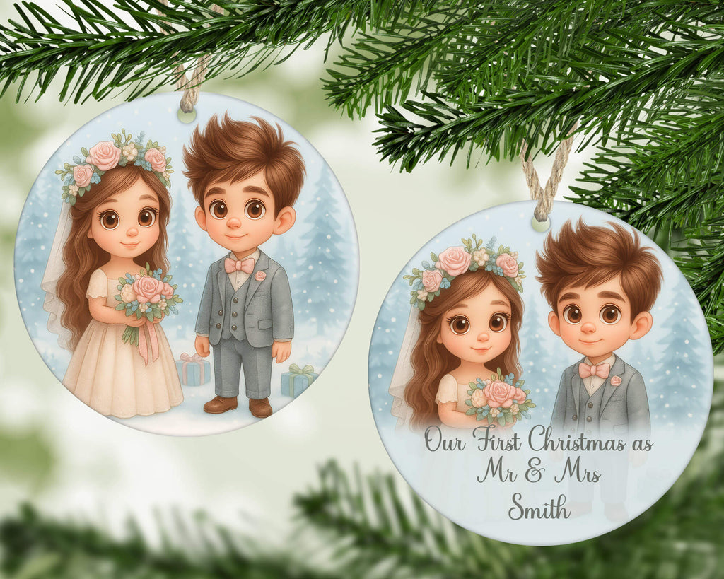 Personalized Christmas ornament with cartoon couple and 'Our First Christmas as Mr & Mrs Smith' text, hanging on a tree.