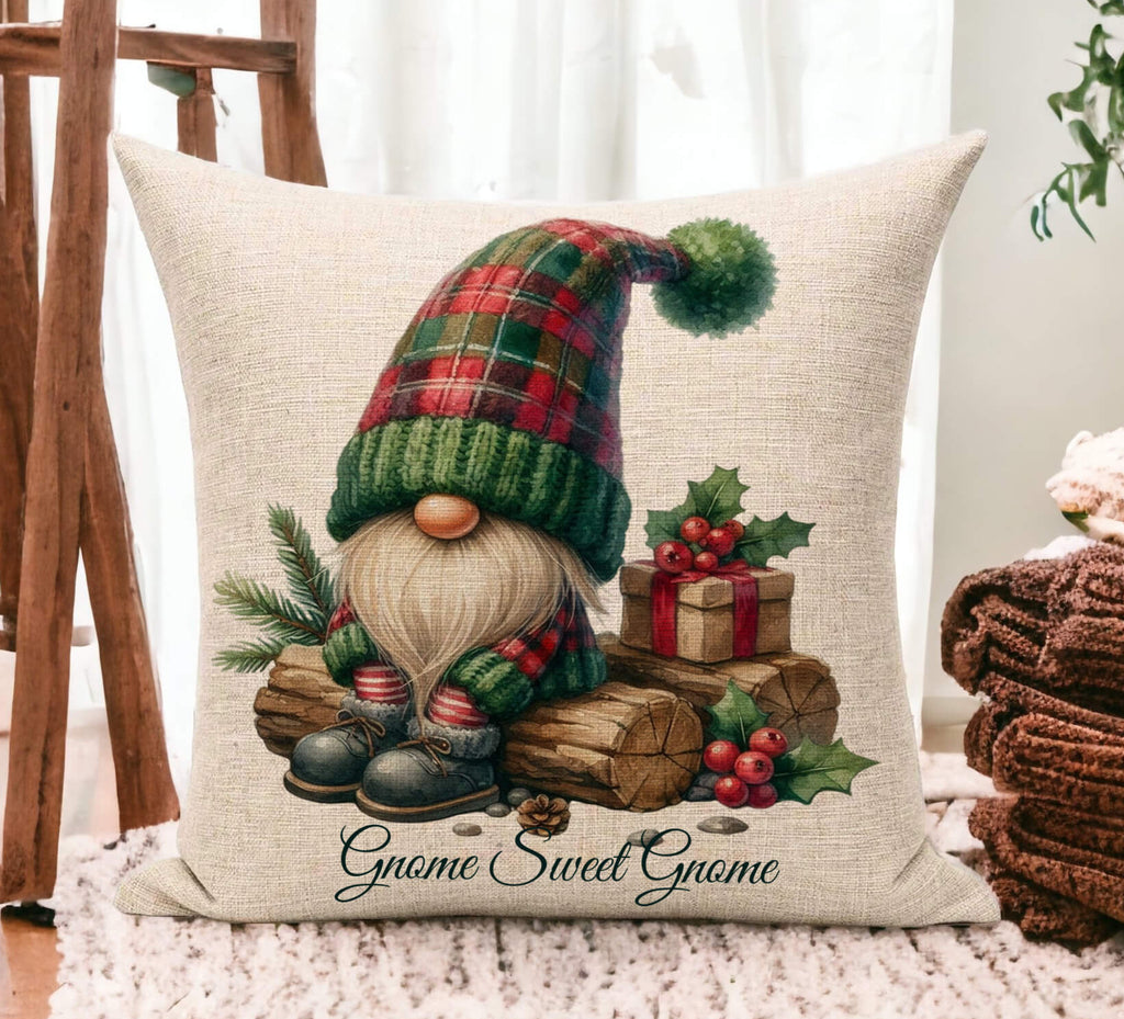 Decorative pillow with a Christmas gnome design on a wooden floor.