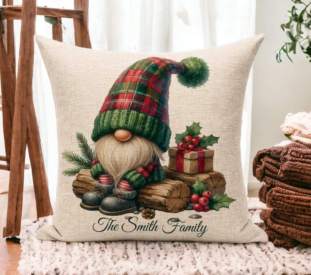 Decorative pillow with a Christmas gnome design on a wooden floor.