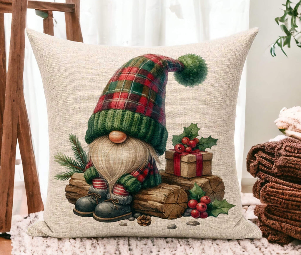 Decorative pillow with a Christmas gnome design on a wooden floor.