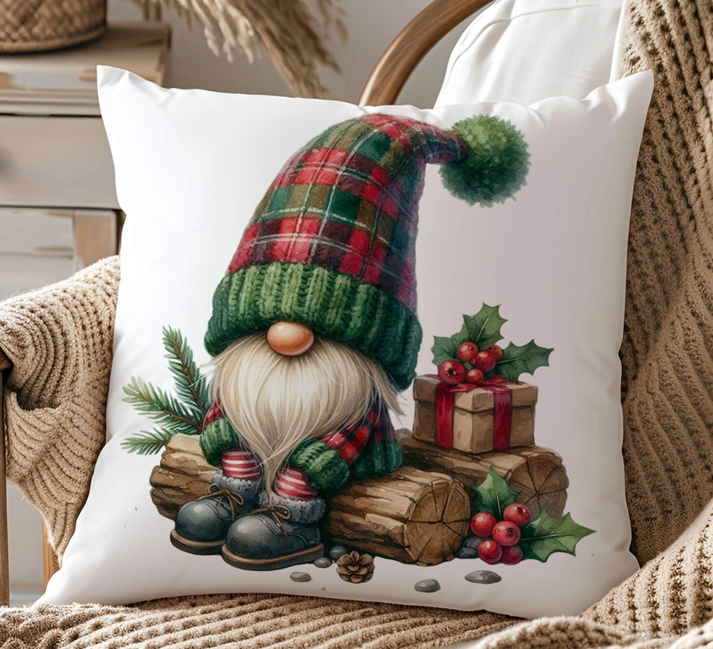 Decorative pillow with a Christmas gnome design on a chair.