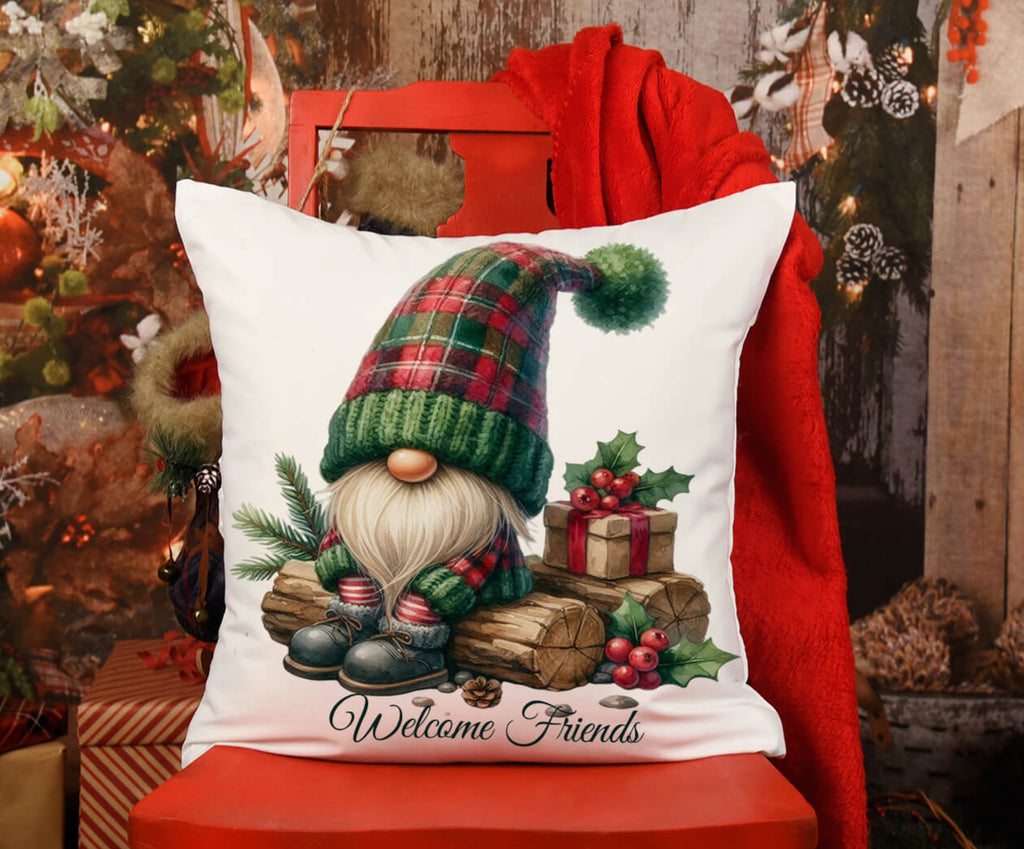 Christmas-themed pillow with a gnome design on a red chair in a festive setting.