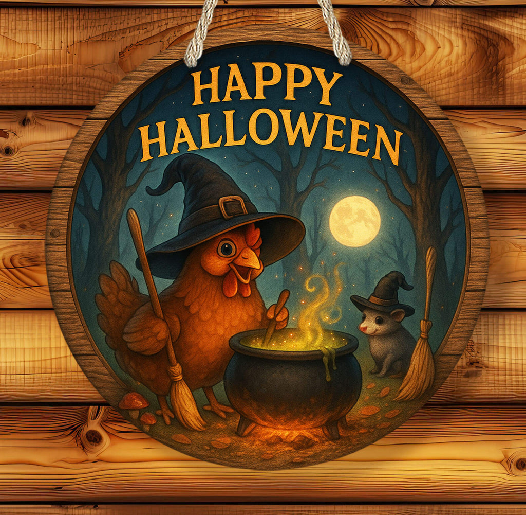 Halloween-themed decorative sign with a chicken and mouse by a cauldron on a wooden background.