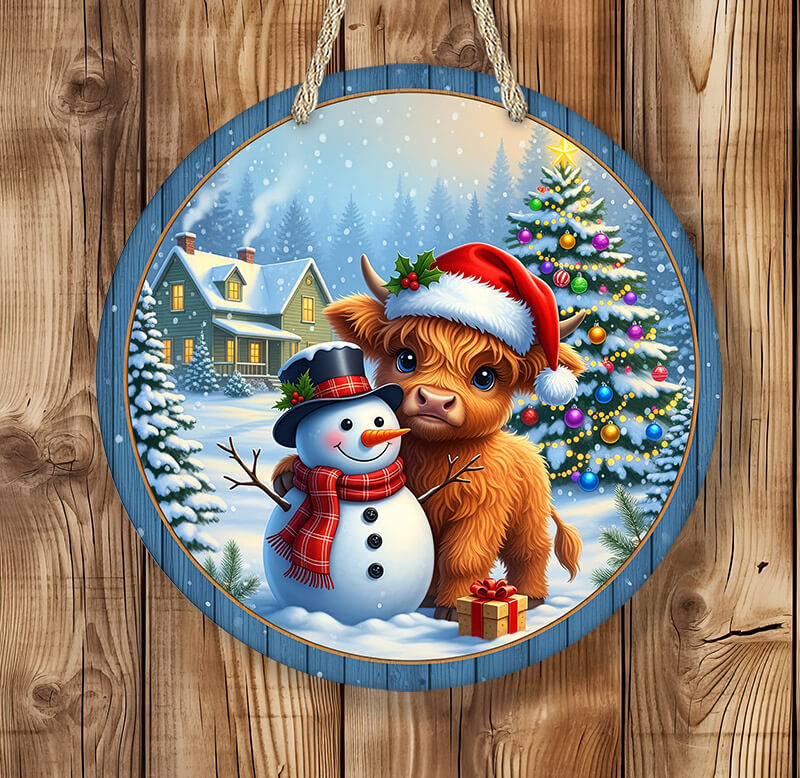 Round wooden sign with a cartoon cow and snowman in a festive winter scene.