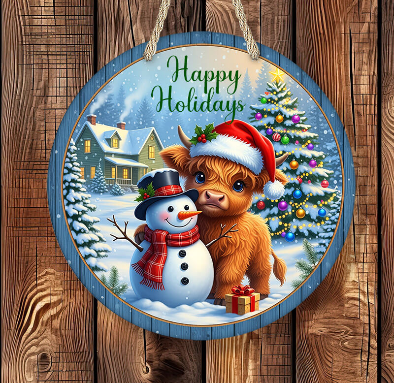 Round Christmas-themed sign with a cow, snowman, and tree on a wooden background