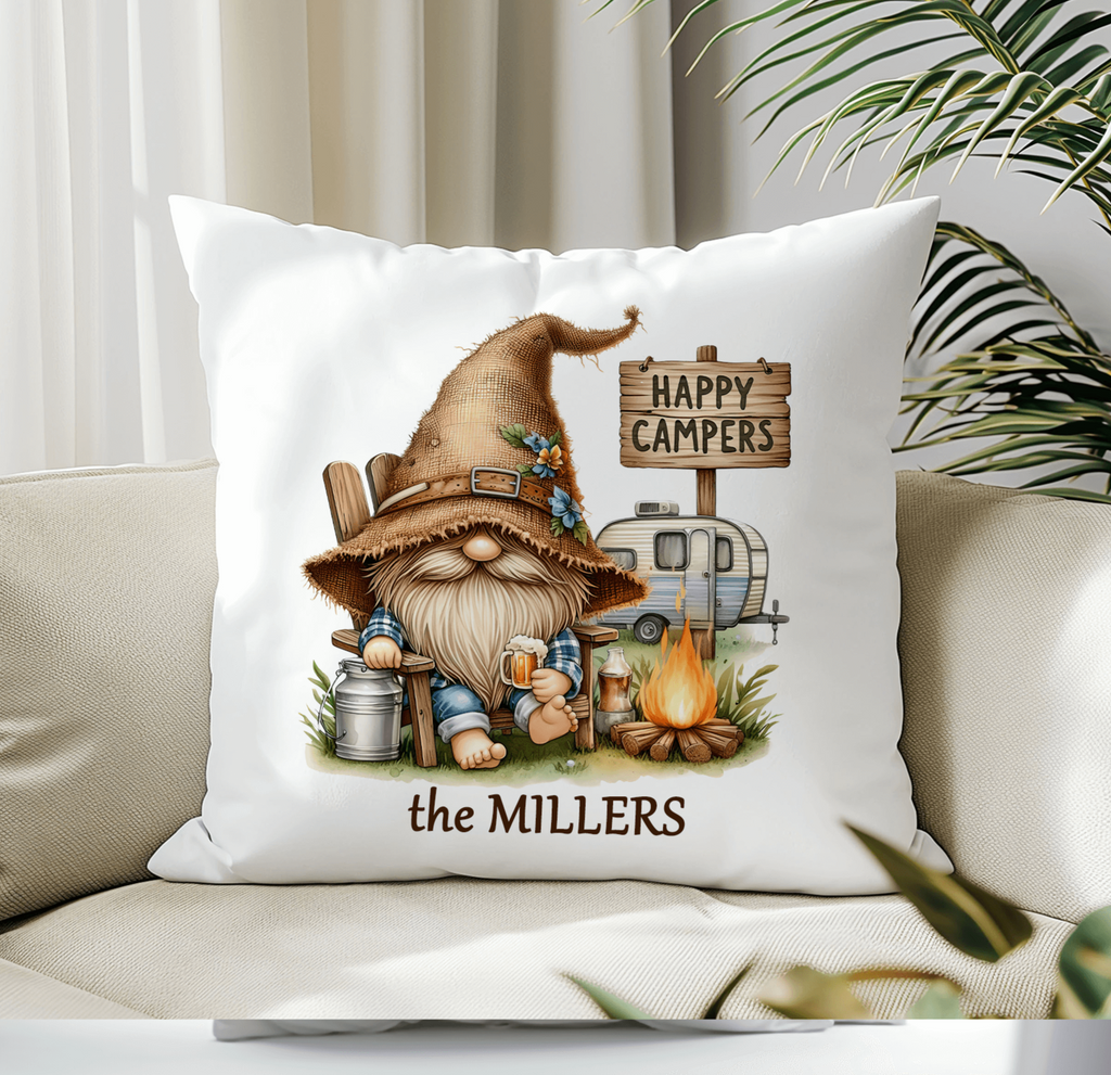 Personalized rustic camper gnome pillow with happy campers design, featuring a cozy campfire scene, vintage camper, and a cute bearded gnome holding a beer. perfect for rv, cabin, or camping decor. available in linen or canvas with hidden zipper closure - Personalized Kreation