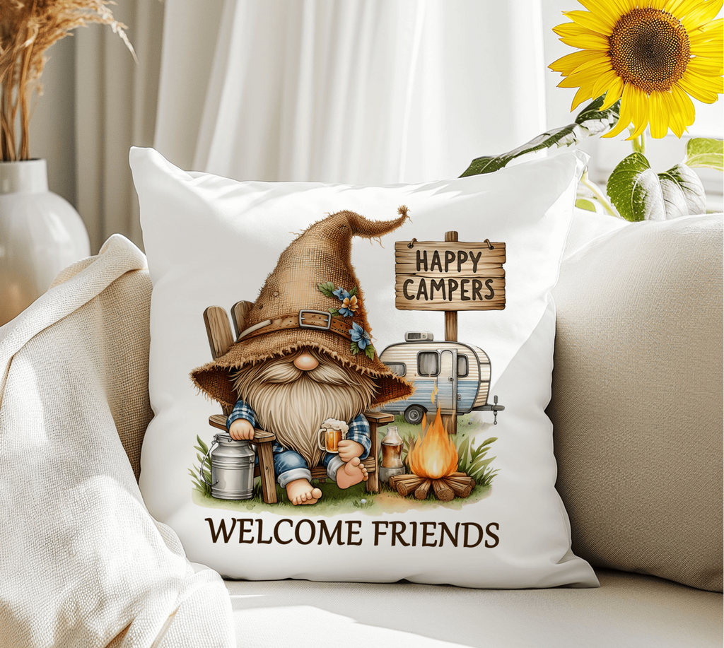 Personalized rustic camper gnome pillow with happy campers design, featuring a cozy campfire scene, vintage camper, and a cute bearded gnome holding a beer. perfect for rv, cabin, or camping decor. available in linen or canvas with hidden zipper closure - Personalized Kreation