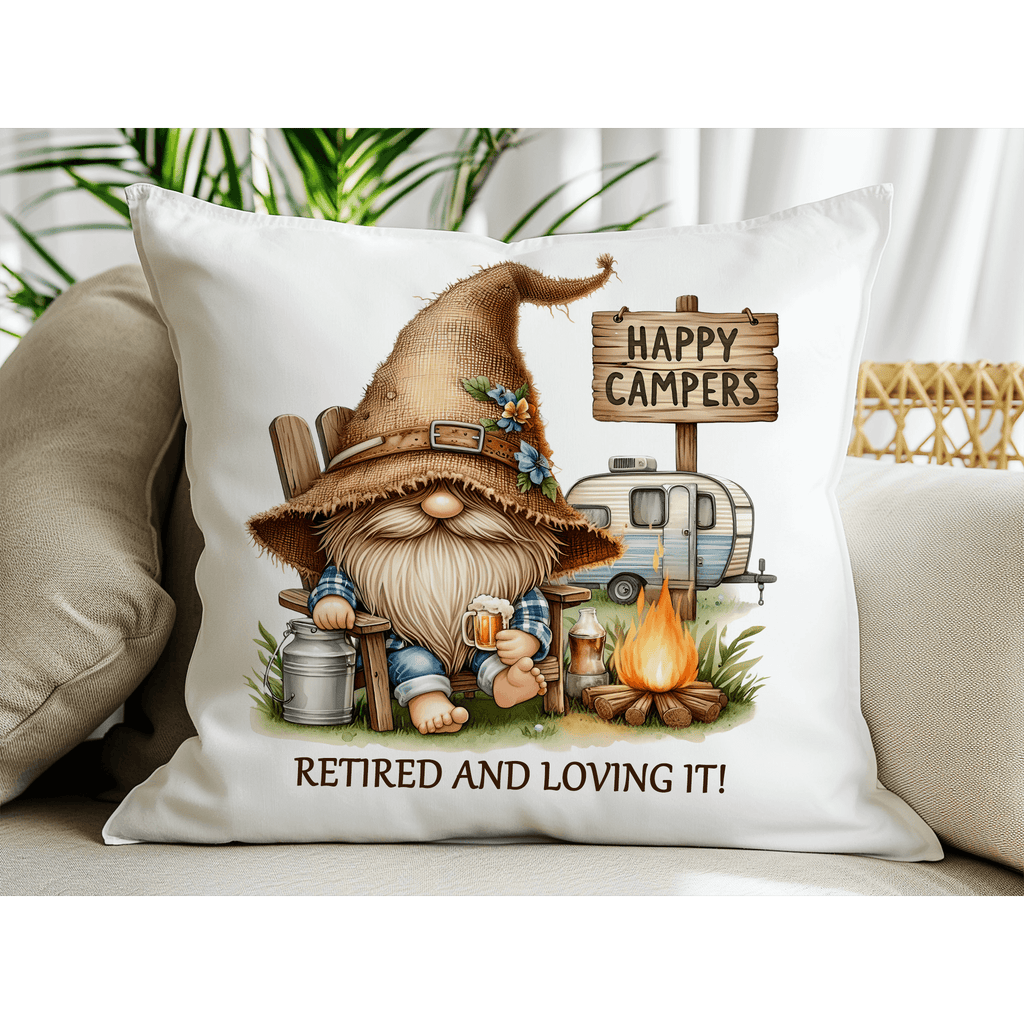 Personalized rustic camper gnome pillow with happy campers design, featuring a cozy campfire scene, vintage camper, and a cute bearded gnome holding a beer. perfect for rv, cabin, or camping decor. available in linen or canvas with hidden zipper closure - Personalized Kreation