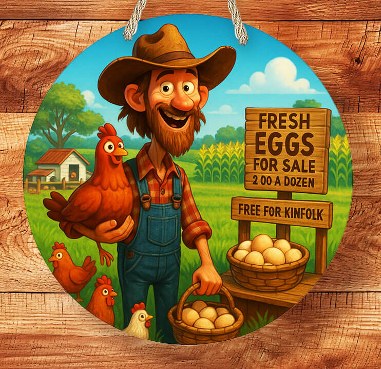 Circular sign with a cartoon farmer holding eggs and a chicken, set against a wooden background.