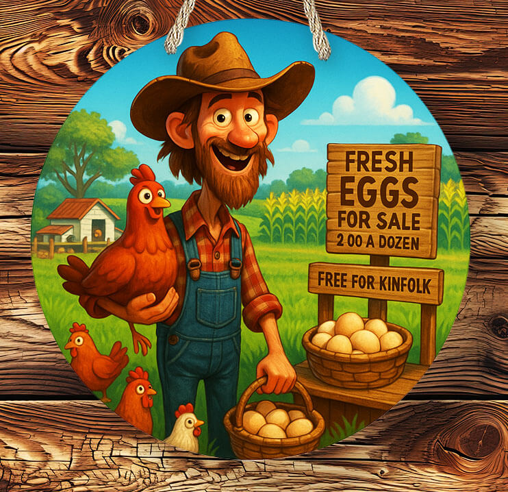 Cartoon farmer with a chicken and eggs on a wooden background