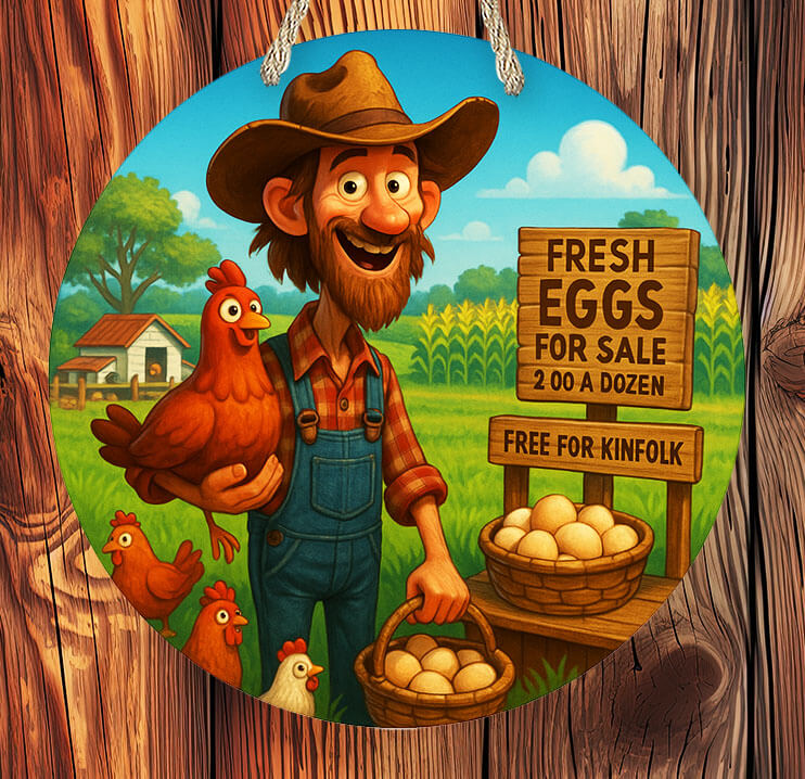 Cartoon farmer with a chicken and eggs on a wooden background