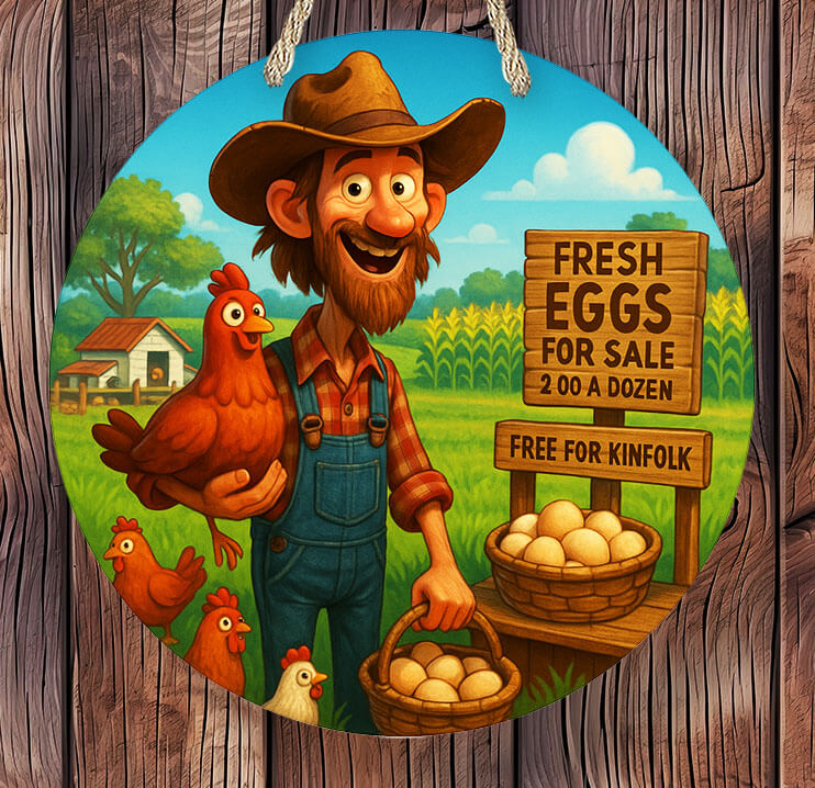 Cartoon farmer with a chicken and eggs on a wooden background