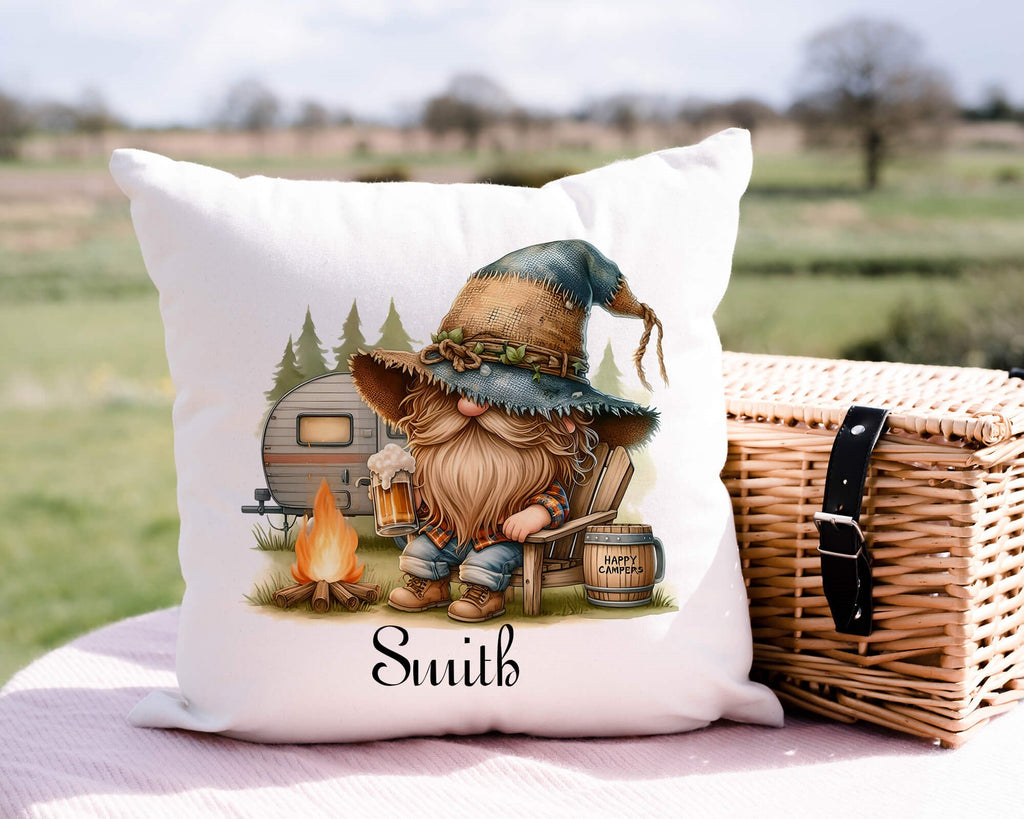  18x18 inch canvas pillow cover with a hidden zipper featuring a whimsical western hillbilly gnome enjoying camper life. Perfect for any happy camper, this unique and customizable decor piece makes an excellent gift for outdoor enthusiasts and gnome lovers alike - Personalized Kreation