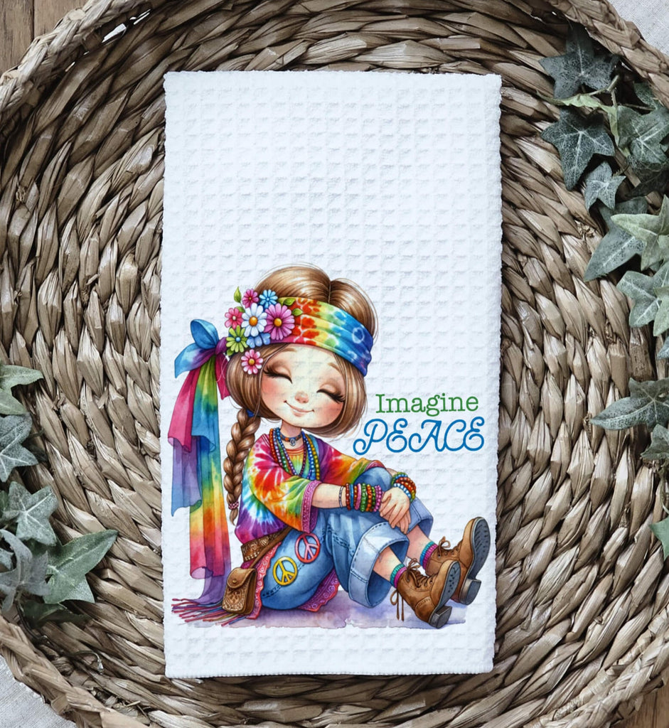 Hippie-themed kitchen towel featuring a boho girl in a colorful tie-dye outfit with peace signs, floral accessories, and a groovy 70s aesthetic. Perfect for retro and bohemian kitchen decor - Personalized Kreation