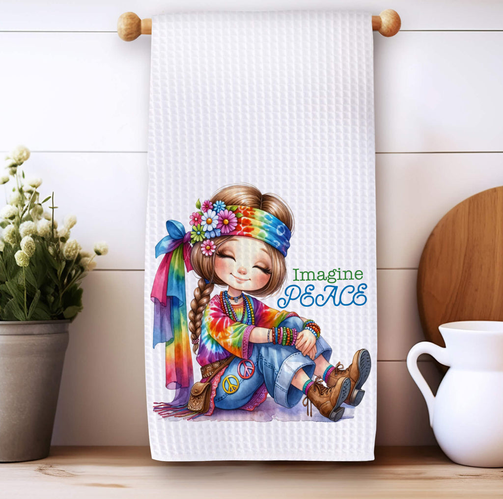 Hippie-themed kitchen towel featuring a boho girl in a colorful tie-dye outfit with peace signs, floral accessories, and a groovy 70s aesthetic. Perfect for retro and bohemian kitchen decor - Personalized Kreation