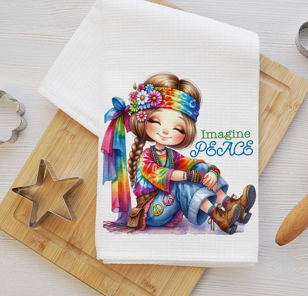 Hippie-themed kitchen towel featuring a boho girl in a colorful tie-dye outfit with peace signs, floral accessories, and a groovy 70s aesthetic. Perfect for retro and bohemian kitchen decor - Personalized Kreation