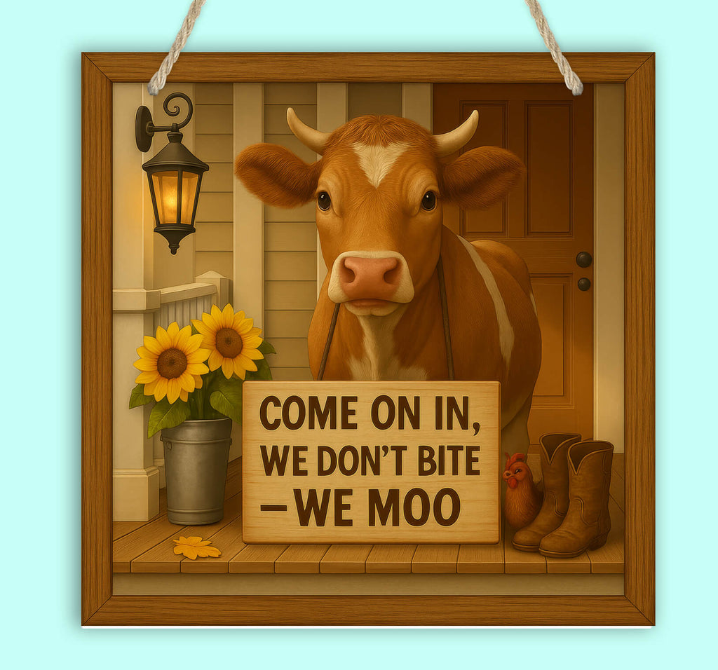 Decorative sign with a cow and humorous text on a wooden door background