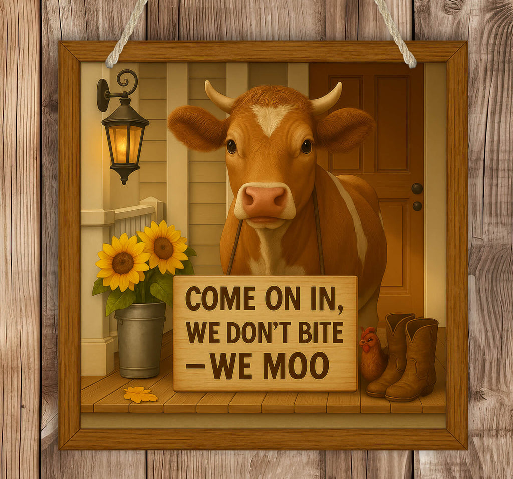 Cartoon cow standing in a doorway with a sign saying 'Come on in, we don't bite - we moo' on a wooden background.