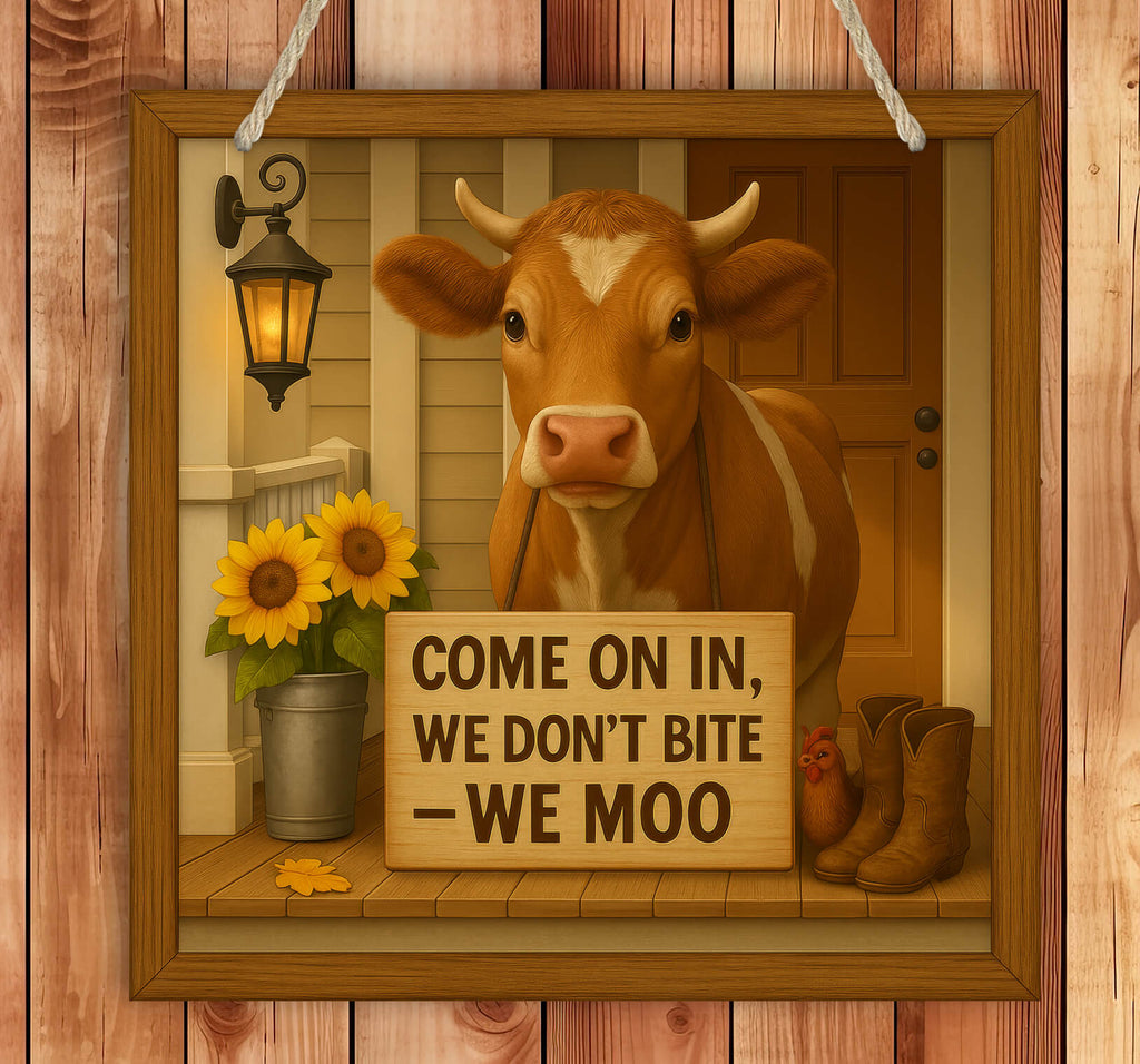 Cartoon cow standing in a doorway with a sign saying 'Come on in, we don't bite - we moo' on a wooden background.