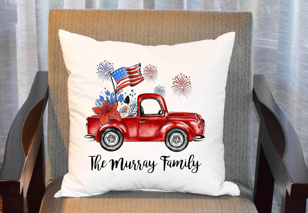 personalizedkreation-7068 Pillow Cover Red Truck July 4th Personalized Pillow Cover | Independence Day Home Decor