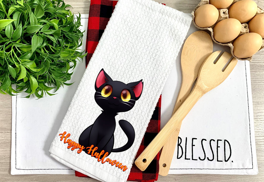 Black Cat Happy Halloween towel 16x24 inches microfiber waffle weave kitchen towel - Personalized Kreation