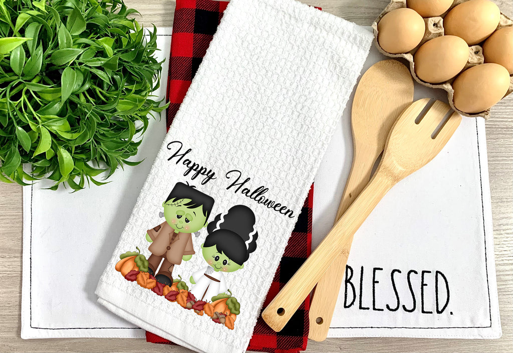 Frankenstein and Bride Halloween towel 16x24 inches microfiber waffle weave kitchen towel - Personalized Kreation