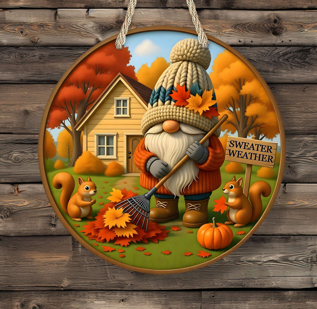 Decorative autumn-themed plate with a gnome, leaves, and pumpkins on a wooden background.