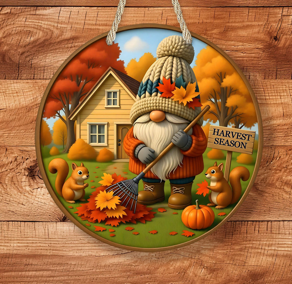 Decorative autumn-themed sign with a gnome, pumpkins, and squirrels on a wooden background.